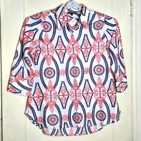 Boho Chic Heavy Embroidered Floral Eyelet Button-Down 3/4 Sleeve Blouse Small - Picture 1 of 8